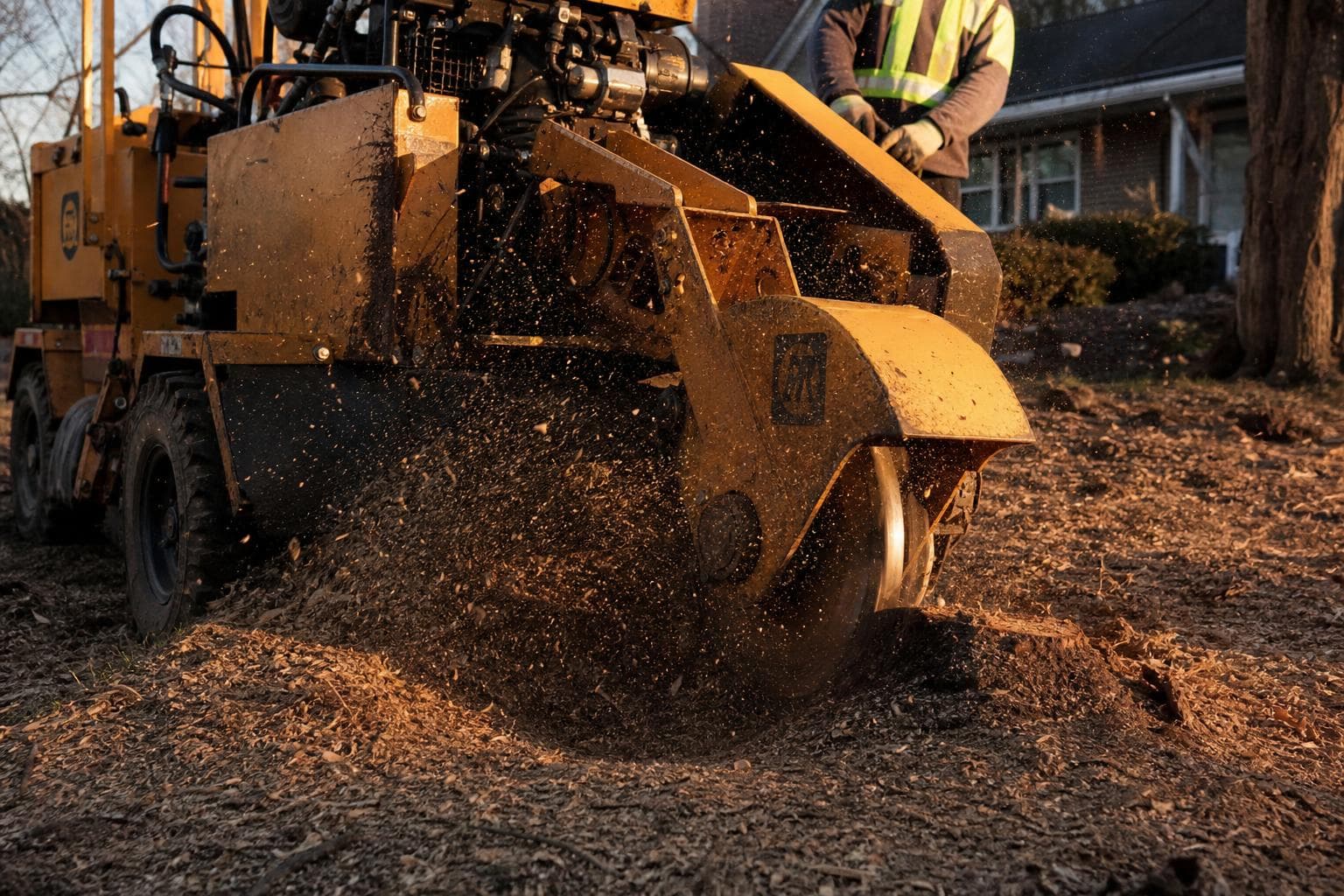 Stump grinding in a residential yard