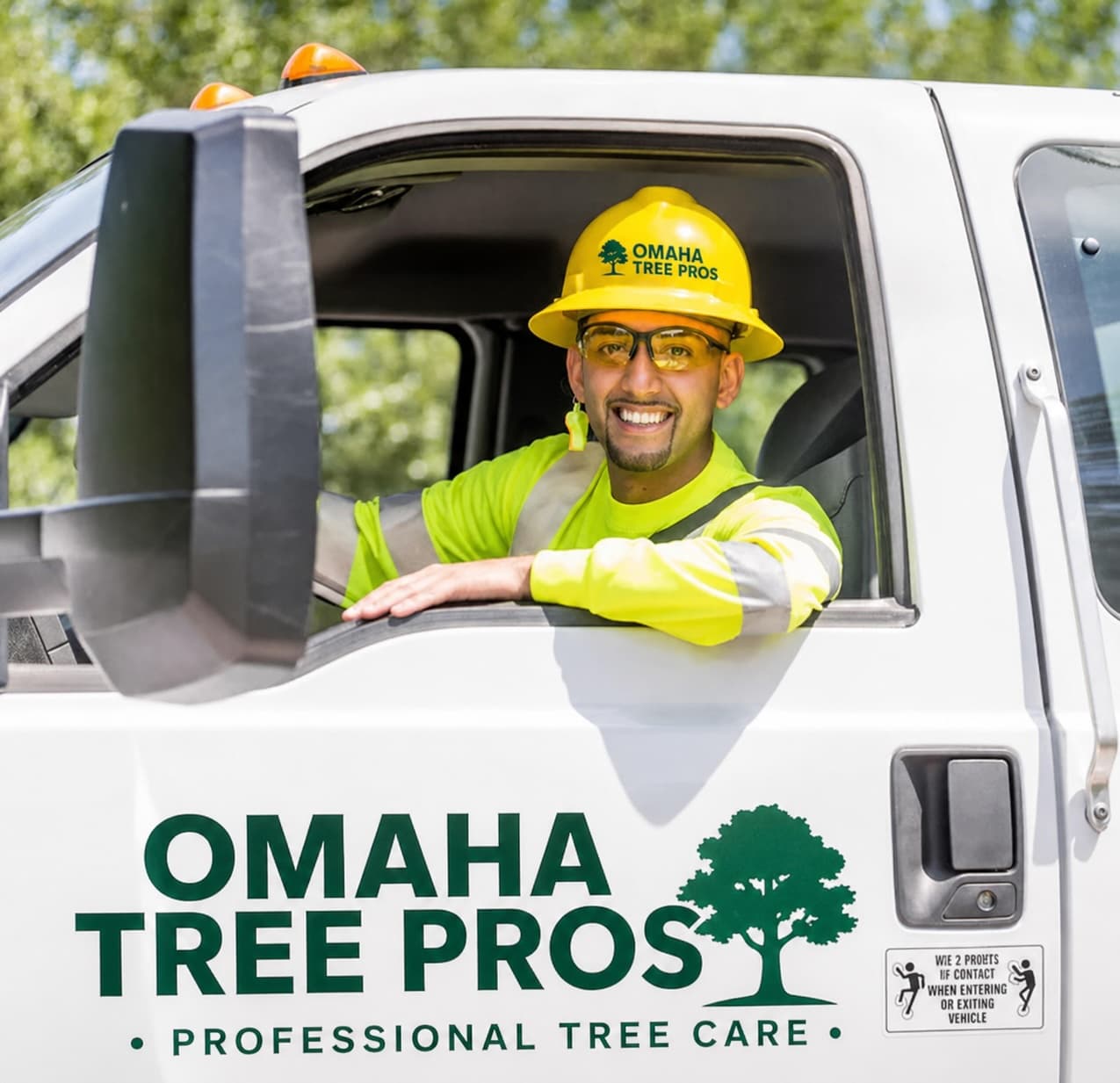 Omaha Tree Pros crew rigging down a large oak