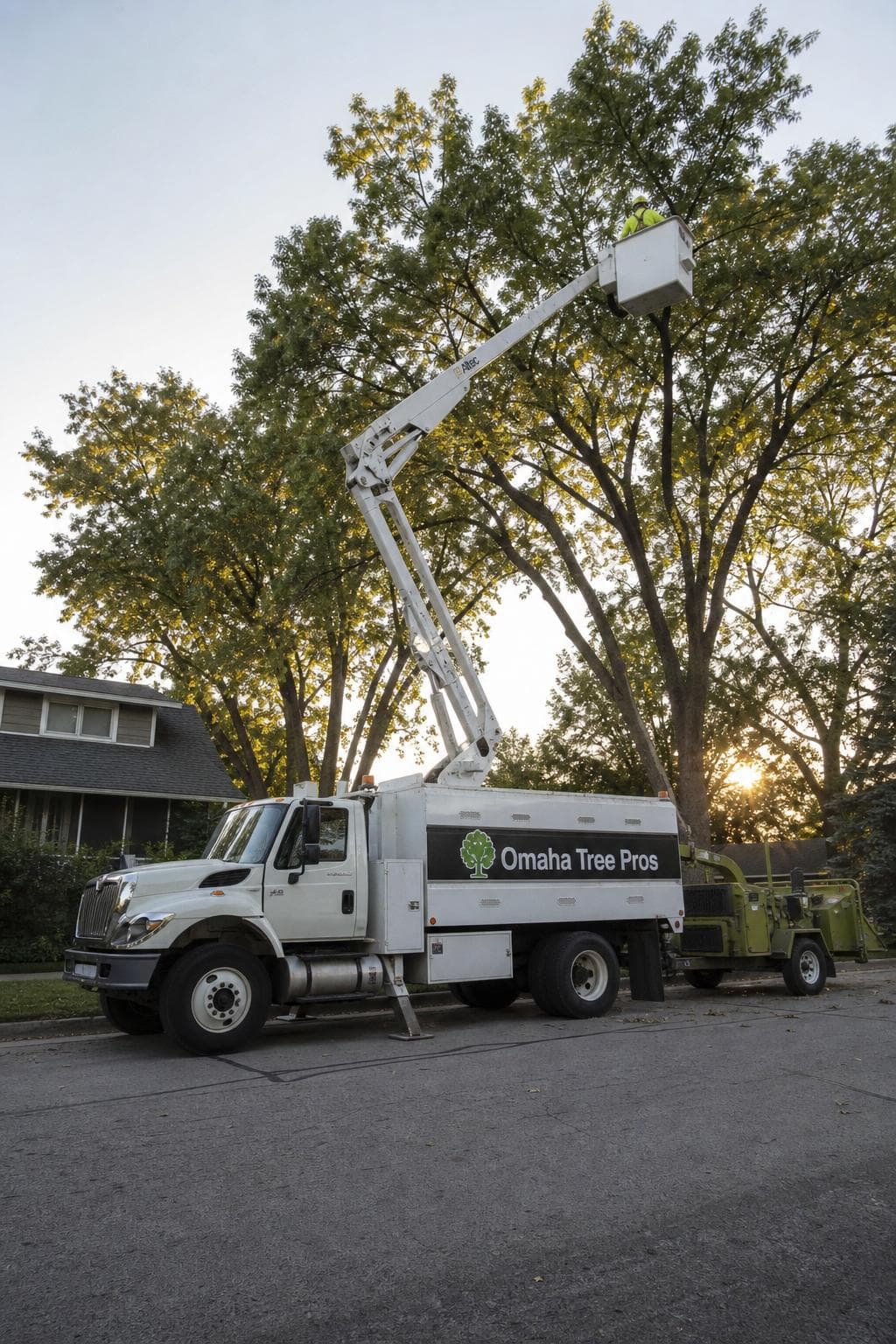 Omaha Tree Pros bucket truck and chipper
